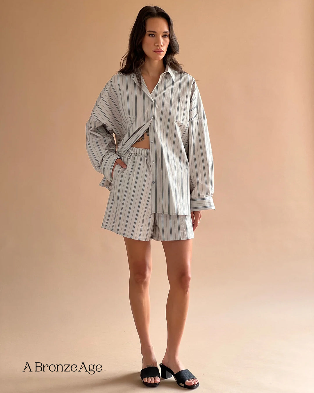 Deadstock Striped Cotton Nylon Shirting - Pebble/Petrol | Blackbird Fabrics