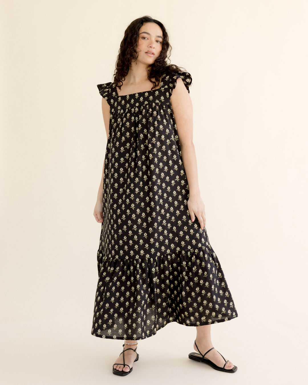 Bloom Block Printed Organic Cotton Batiste - Vintage Black/Butter/Sage | Blackbird Fabrics