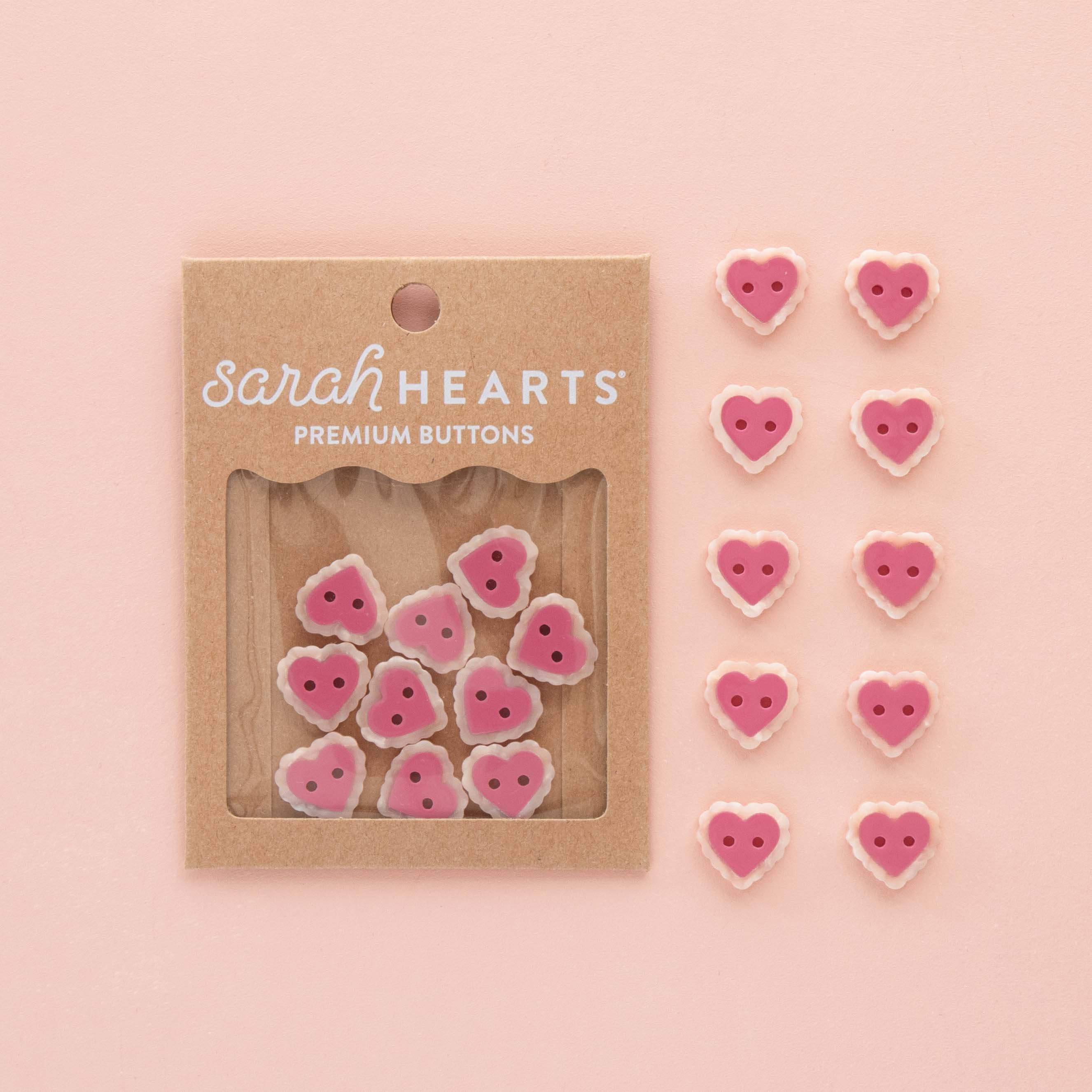 Pink Sweet Heart 15mm (5/8”) Buttons By Sarah Hearts - Set of 10 | Blackbird Fabrics