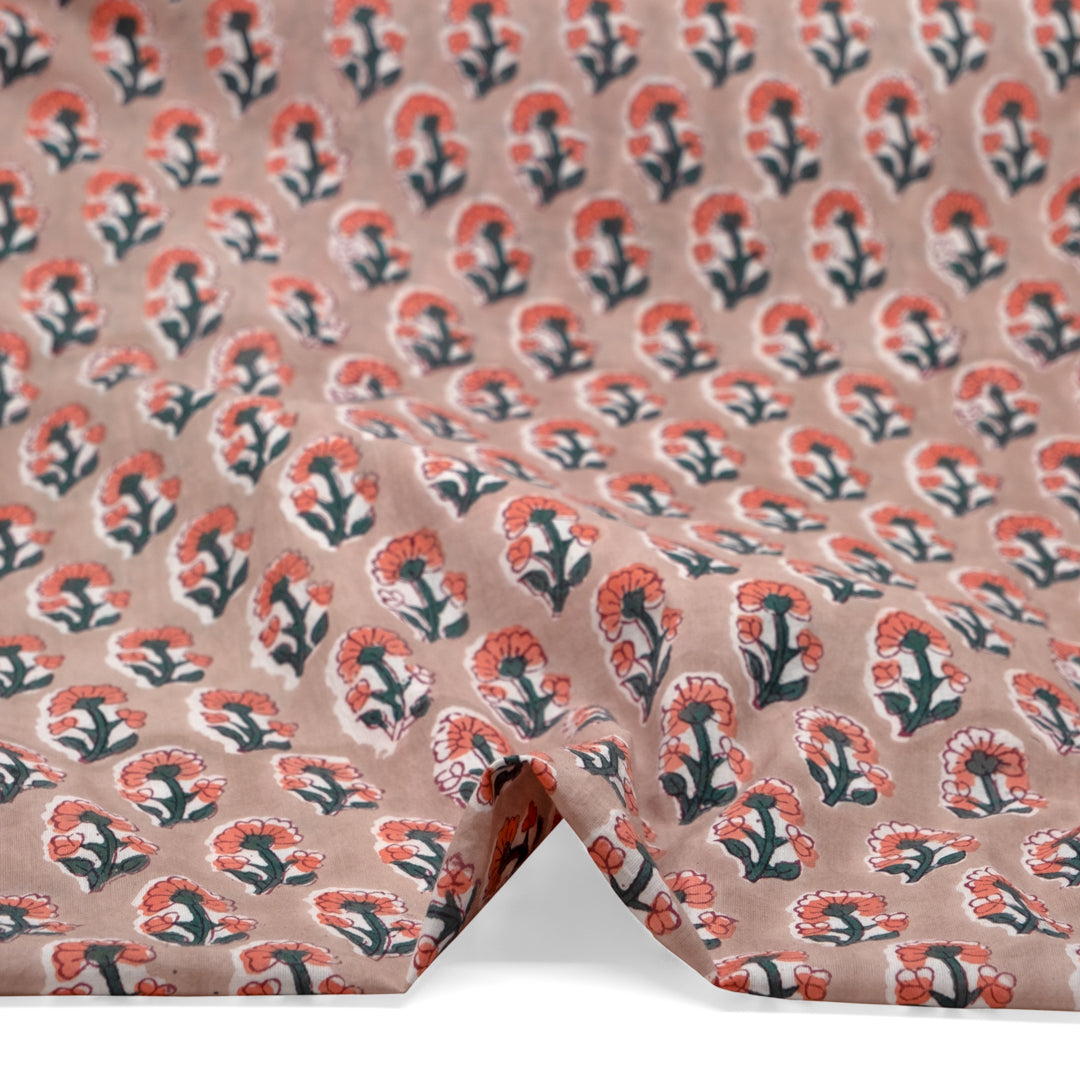 Bloom Block Printed Organic Cotton Batiste - Pebble/Coral/Jade | Blackbird Fabrics