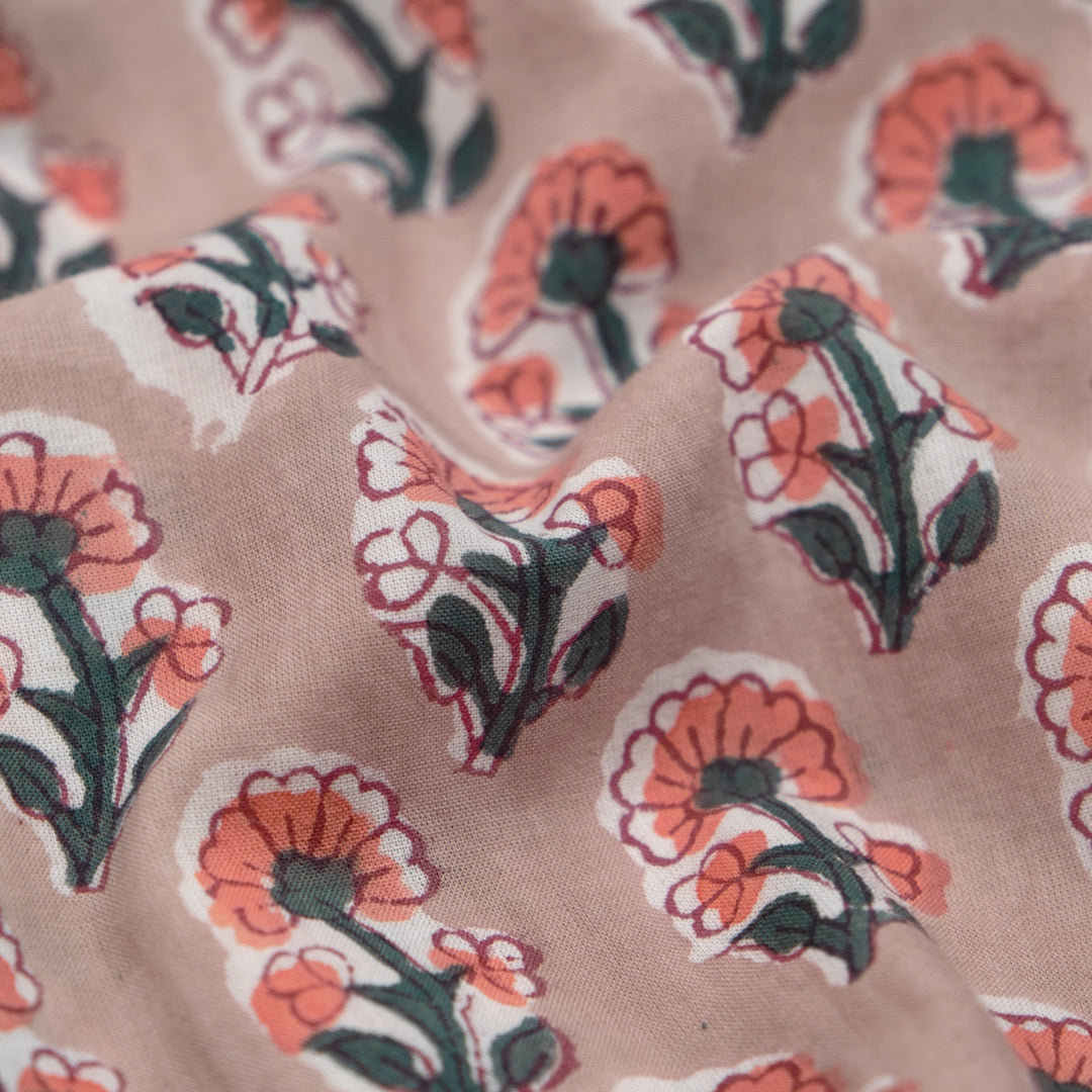 Bloom Block Printed Organic Cotton Batiste - Pebble/Coral/Jade | Blackbird Fabrics