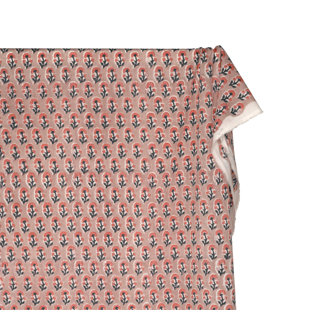 Bloom Block Printed Organic Cotton Batiste - Pebble/Coral/Jade | Blackbird Fabrics