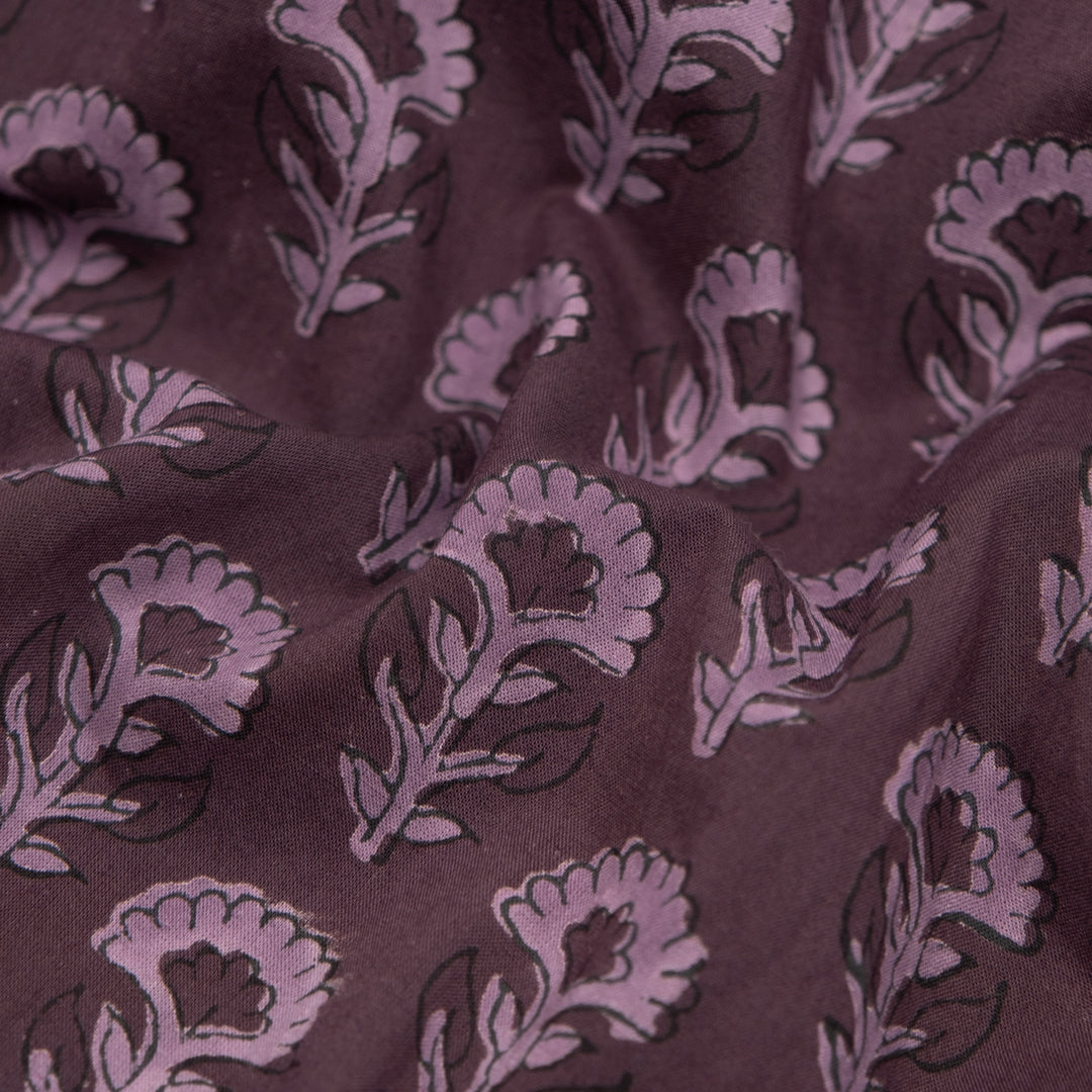 Bloom Block Printed Organic Cotton Batiste - Deep Currant/Lilac | Blackbird Fabrics