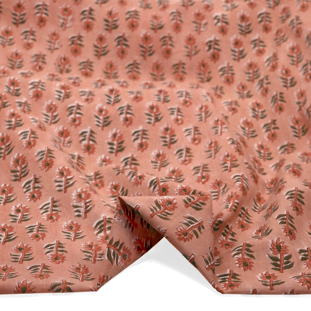 Bloom Block Printed Organic Cotton Batiste - Apricot/Clay/Caper | Blackbird Fabrics