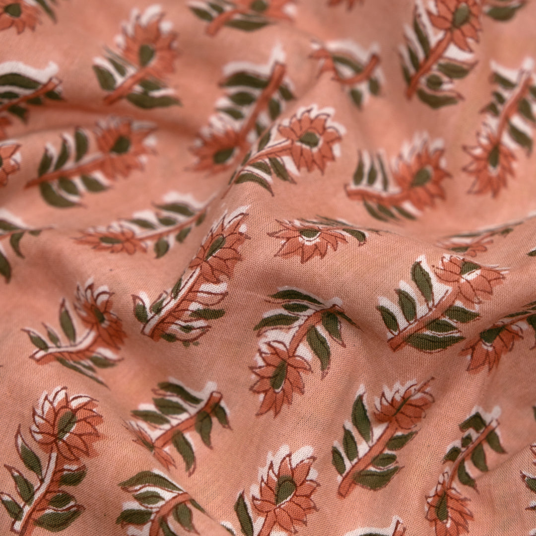 Bloom Block Printed Organic Cotton Batiste - Apricot/Clay/Caper | Blackbird Fabrics