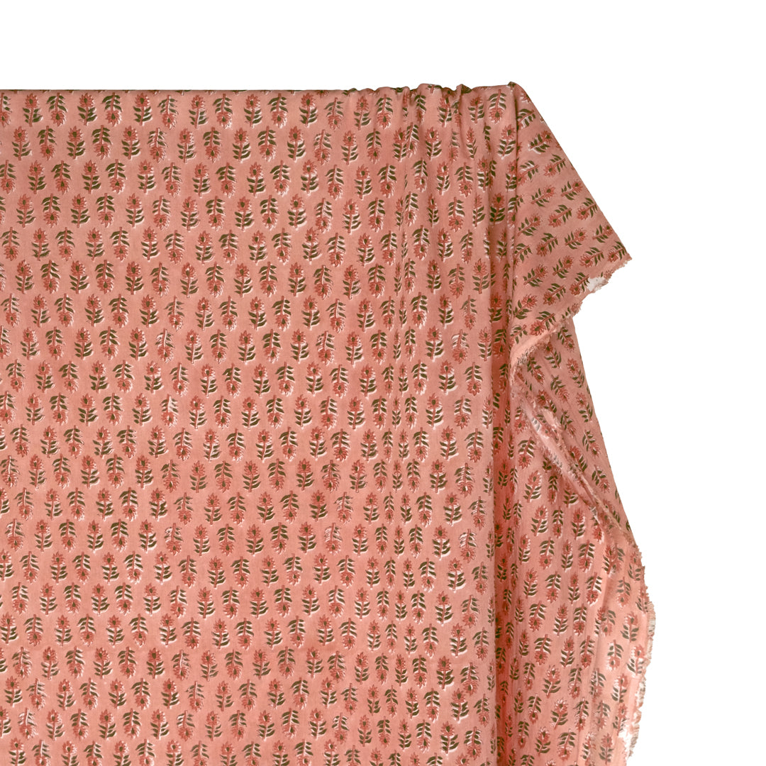 Bloom Block Printed Organic Cotton Batiste - Apricot/Clay/Caper | Blackbird Fabrics