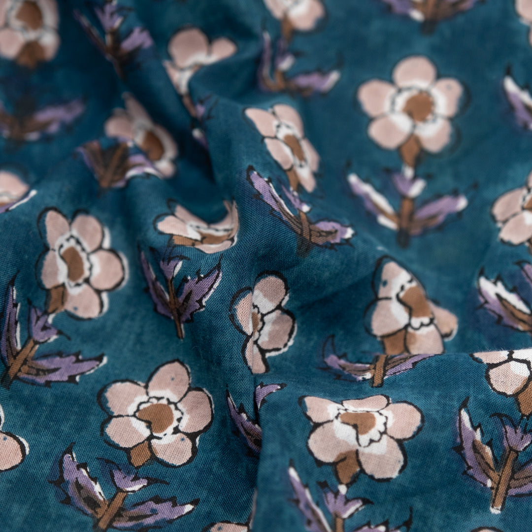 Bloom Block Printed Organic Cotton Batiste - Harbour/Fawn/Nutmeg | Blackbird Fabrics