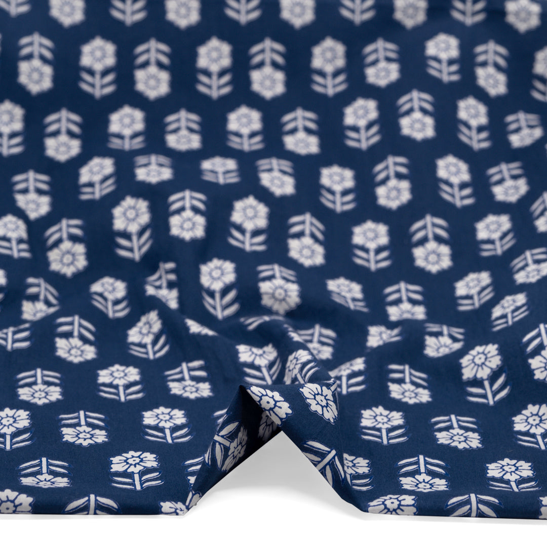 Bloom Block Printed Organic Cotton Batiste - Indigo/White | Blackbird Fabrics