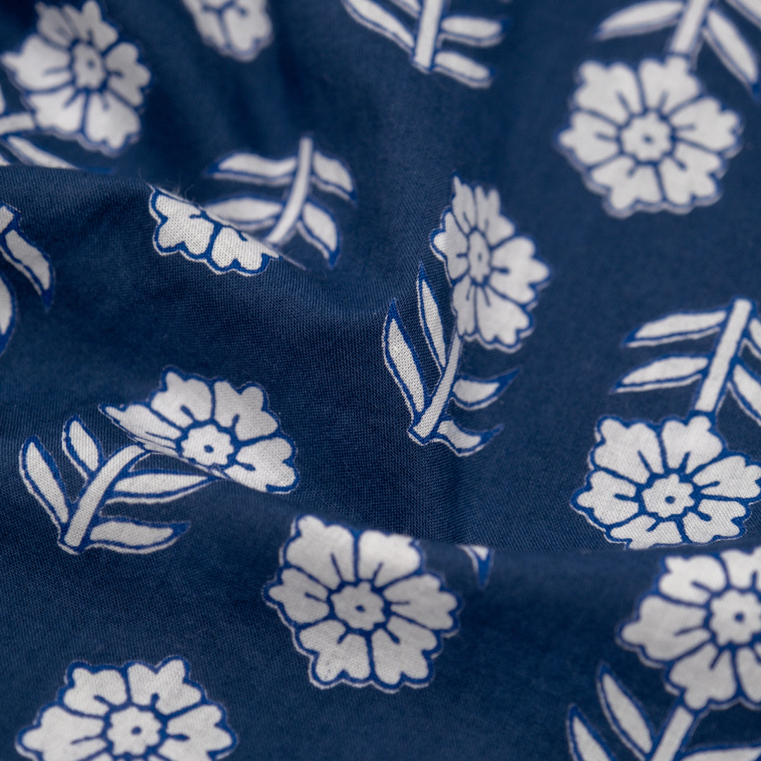 Bloom Block Printed Organic Cotton Batiste - Indigo/White | Blackbird Fabrics