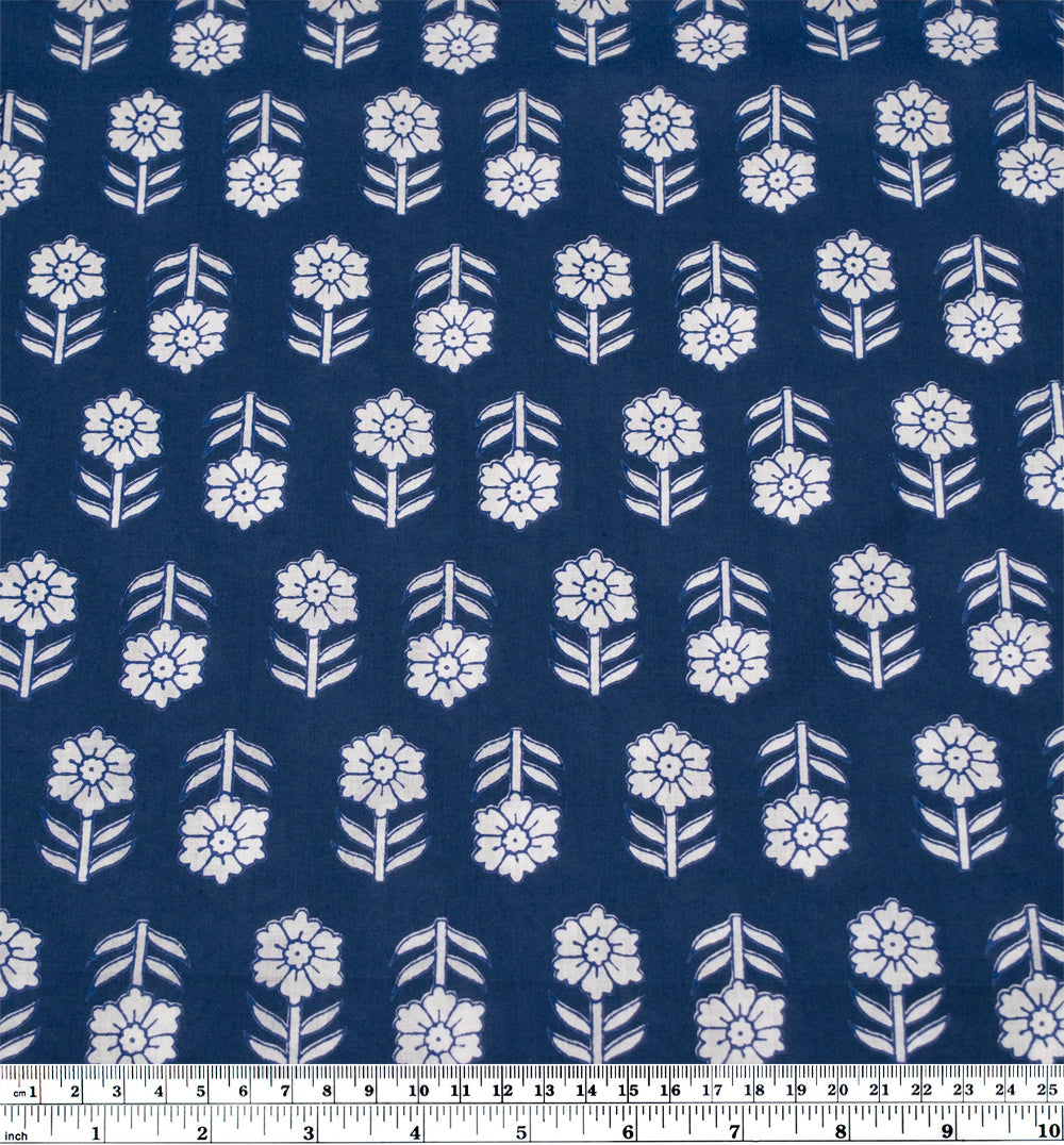 Bloom Block Printed Organic Cotton Batiste - Indigo/White | Blackbird Fabrics
