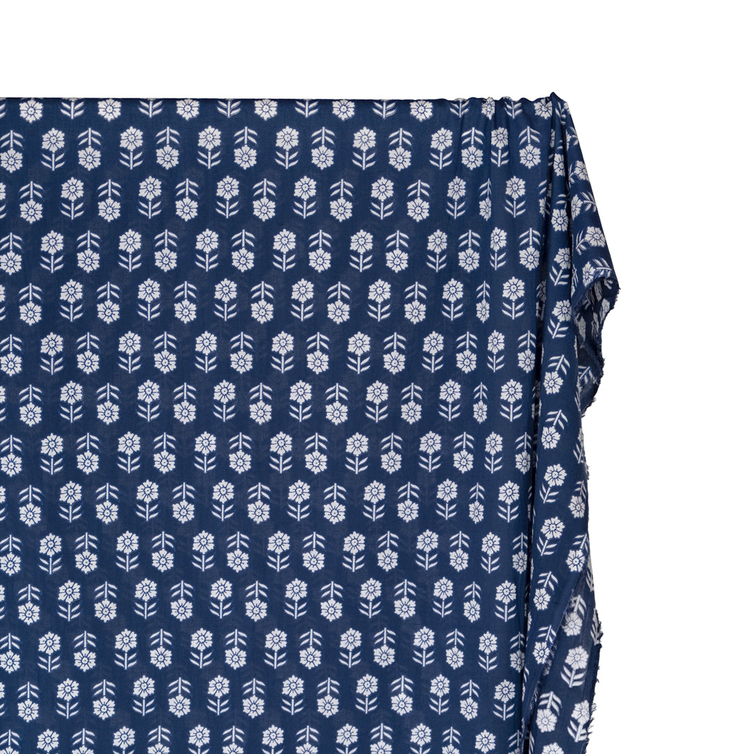 Bloom Block Printed Organic Cotton Batiste - Indigo/White | Blackbird Fabrics