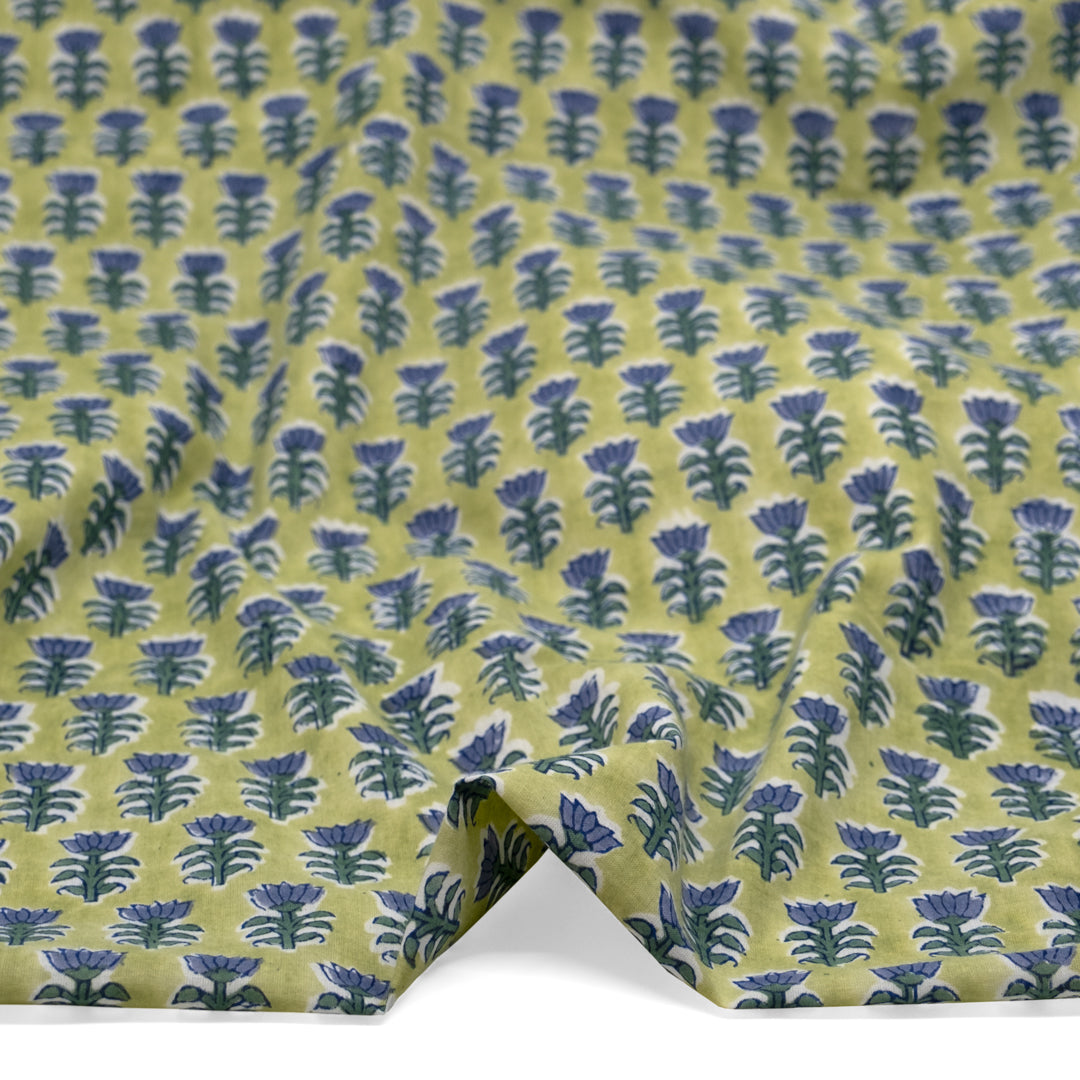 Bloom Block Printed Organic Cotton Batiste - Peashoot/Sage/Denim | Blackbird Fabrics