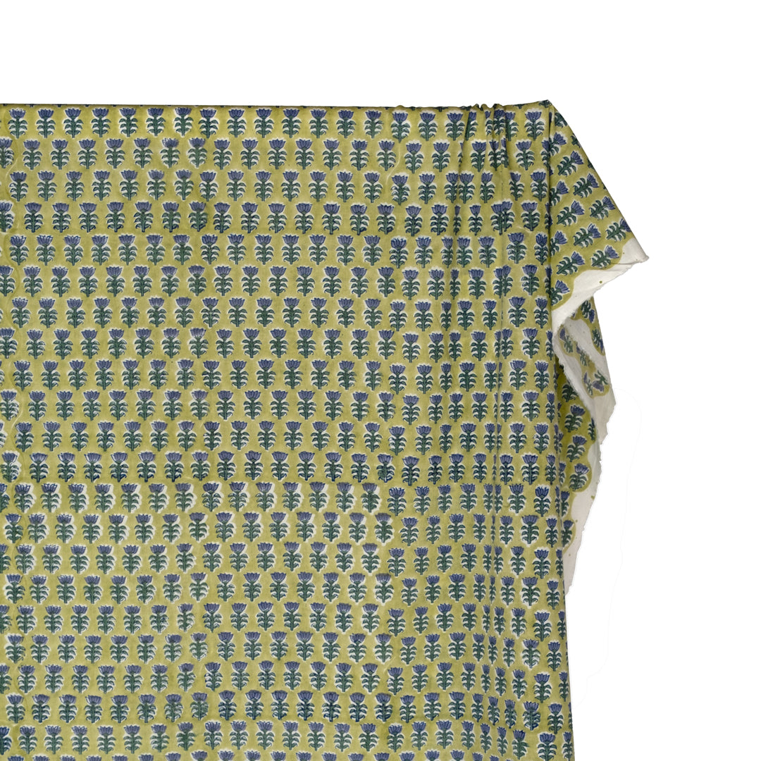 Bloom Block Printed Organic Cotton Batiste - Peashoot/Sage/Denim | Blackbird Fabrics