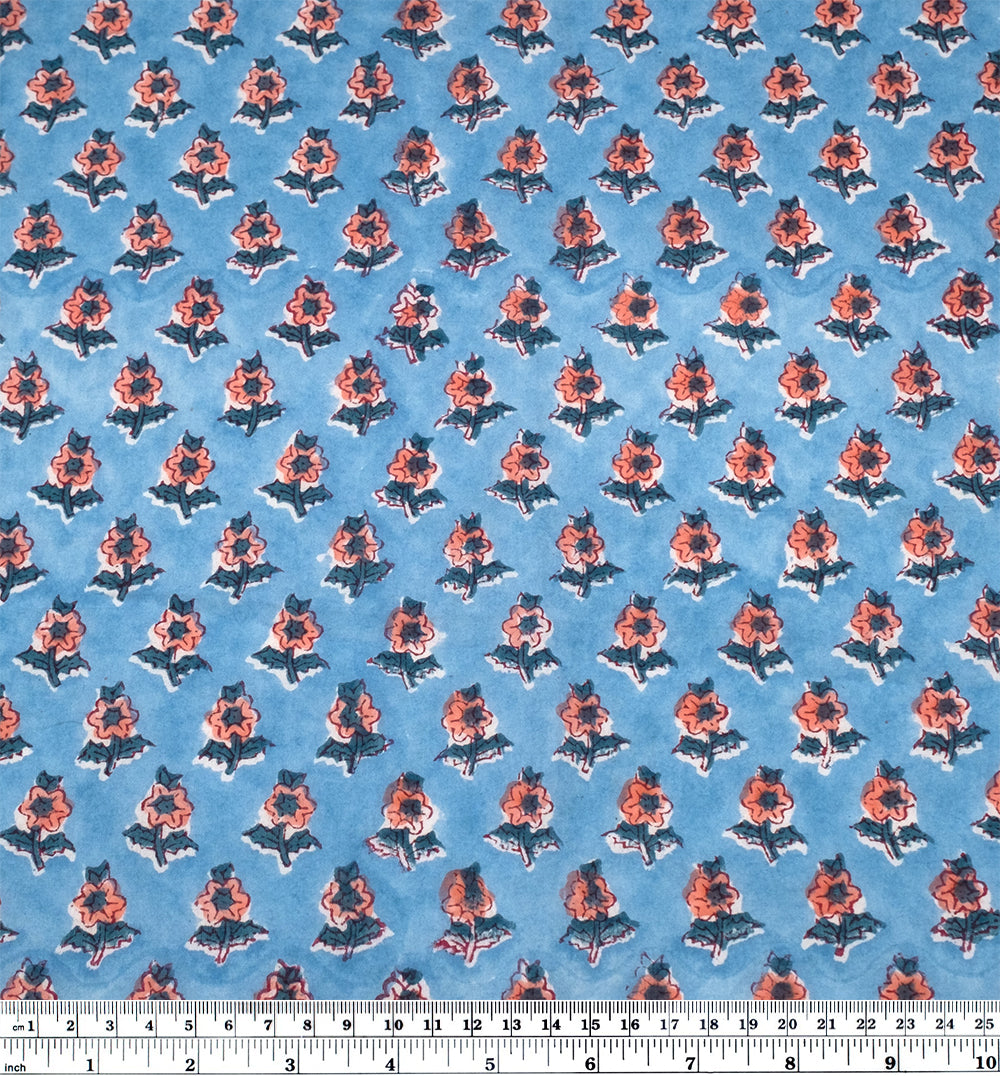 Bloom Block Printed Organic Cotton Batiste - Sky Blue/Ocean/Coral | Blackbird Fabrics