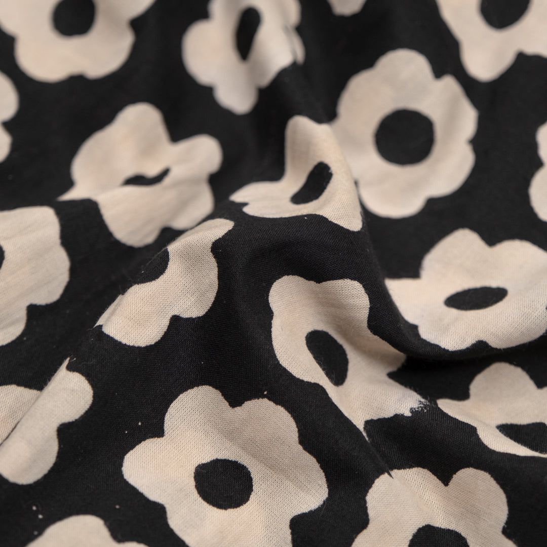 Bloom Block Printed Organic Cotton Batiste - Vintage Black/Bone | Blackbird Fabrics