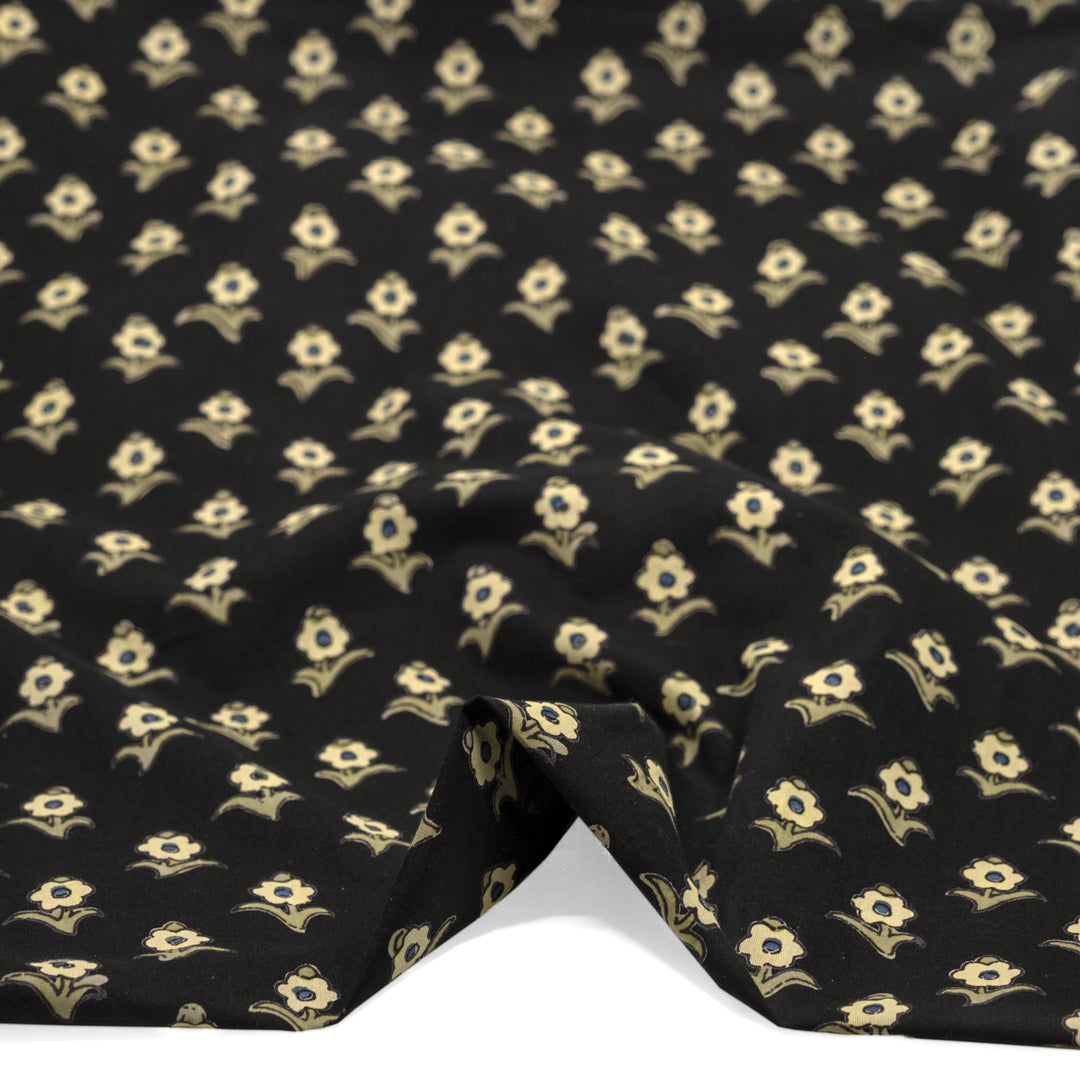 Bloom Block Printed Organic Cotton Batiste - Vintage Black/Butter/Sage | Blackbird Fabrics