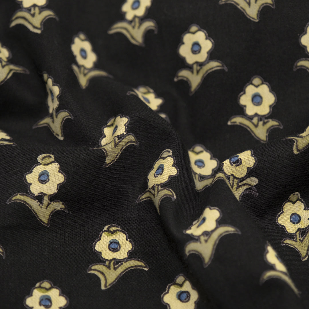 Bloom Block Printed Organic Cotton Batiste - Vintage Black/Butter/Sage | Blackbird Fabrics