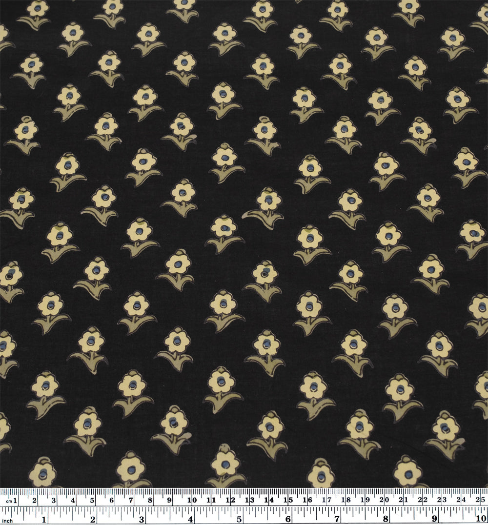 Bloom Block Printed Organic Cotton Batiste - Vintage Black/Butter/Sage | Blackbird Fabrics