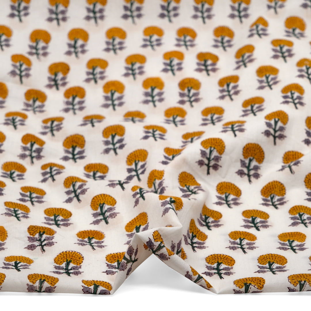 Bloom Block Printed Organic Cotton Batiste - White/Marigold | Blackbird Fabrics