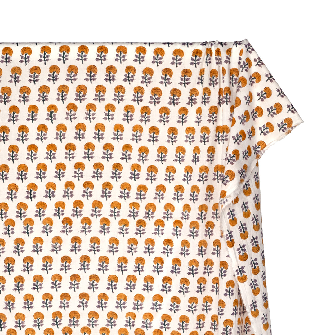 Bloom Block Printed Organic Cotton Batiste - White/Marigold | Blackbird Fabrics