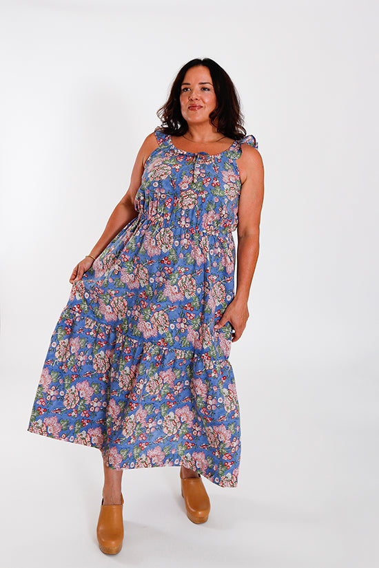 Tapestry Block Printed Organic Cotton Batiste - Cornflower/Dusty Rose | Blackbird Fabrics