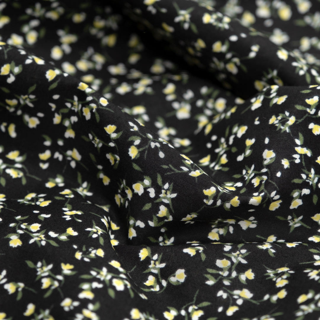 Cottage Sprigs Cotton Lawn - Black/Buttercup | Blackbird Fabrics