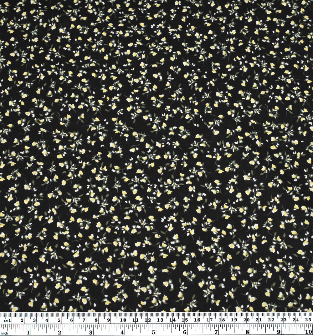 Cottage Sprigs Cotton Lawn - Black/Buttercup | Blackbird Fabrics