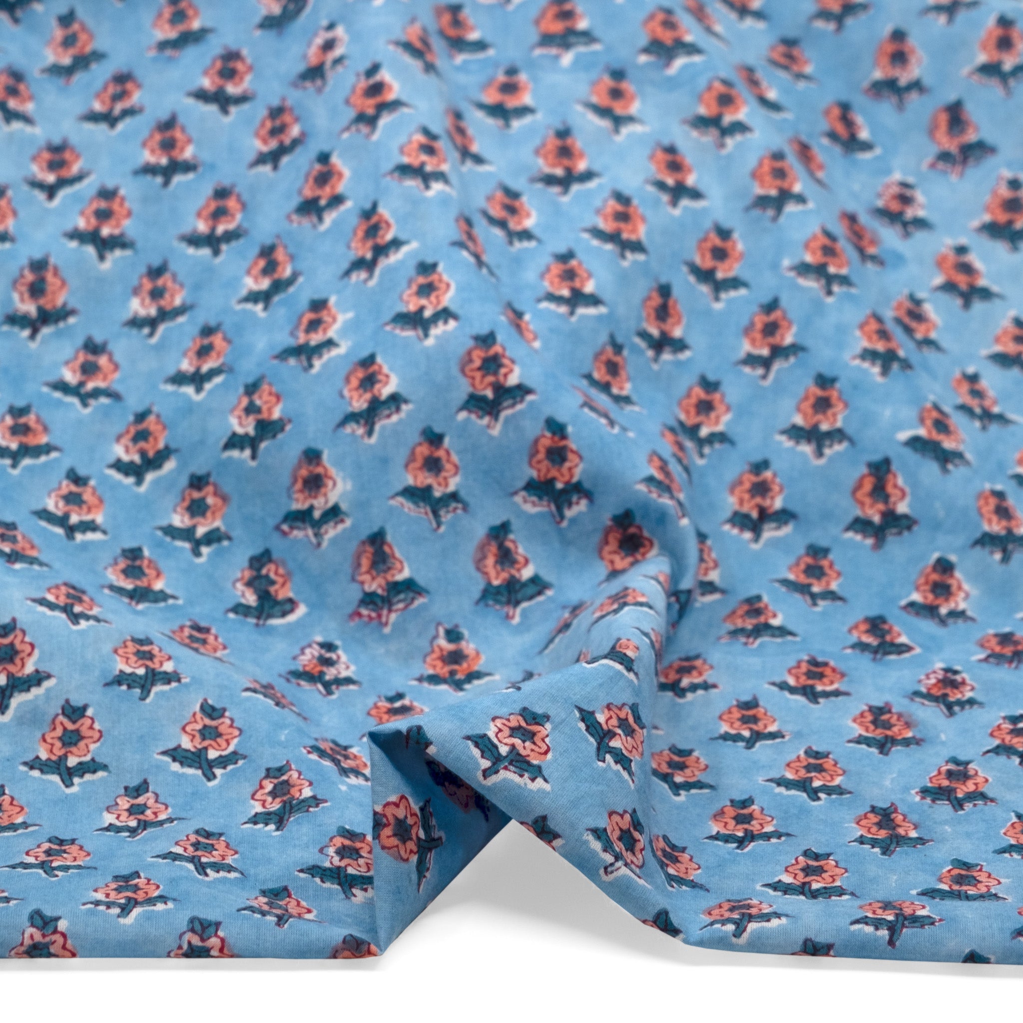 Bloom Block Printed Organic Cotton Batiste - Sky Blue/Ocean/Coral | Blackbird Fabrics