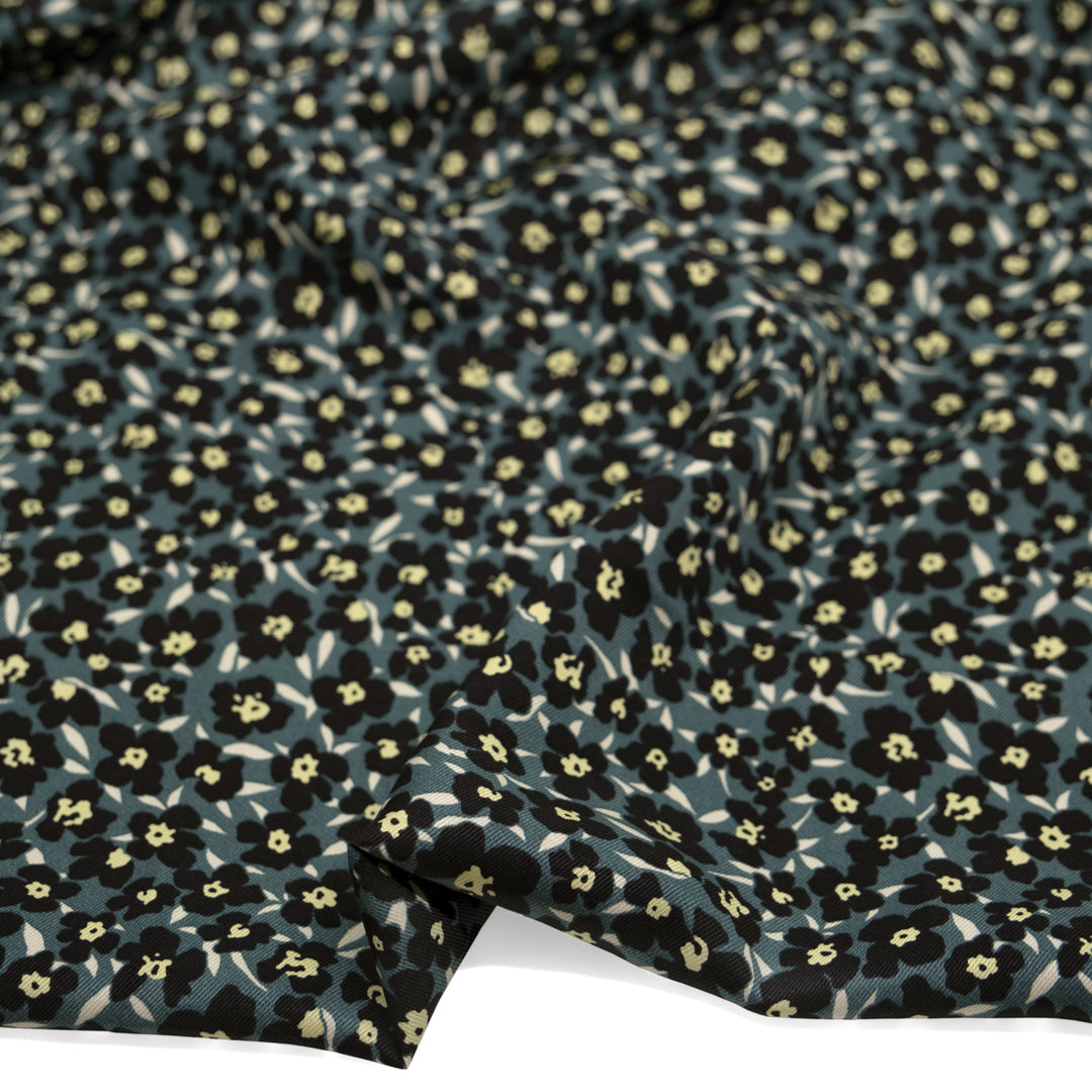 Deadstock Ditsy Daffodil Viscose Satin Twill - Lagoon/Black | Blackbird Fabrics