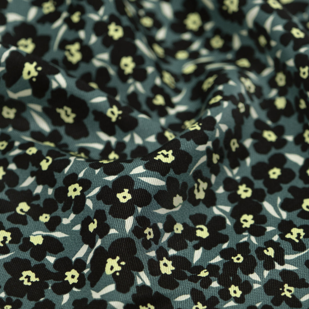 Deadstock Ditsy Daffodil Viscose Satin Twill - Lagoon/Black | Blackbird Fabrics