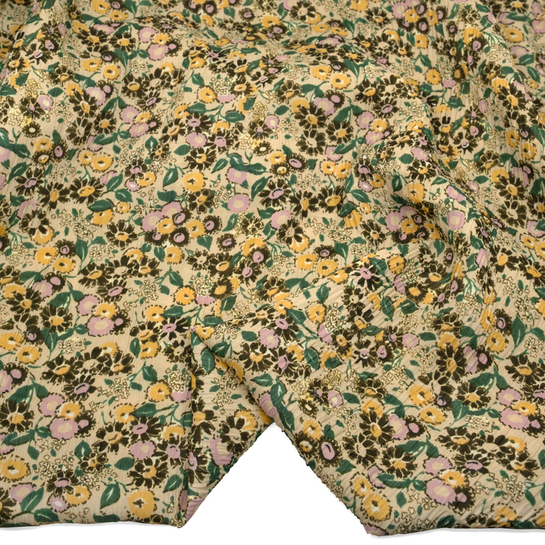 Deadstock Mellow Meadow Crinkle Viscose - Cream/Buttercup/Multi | Blackbird Fabrics