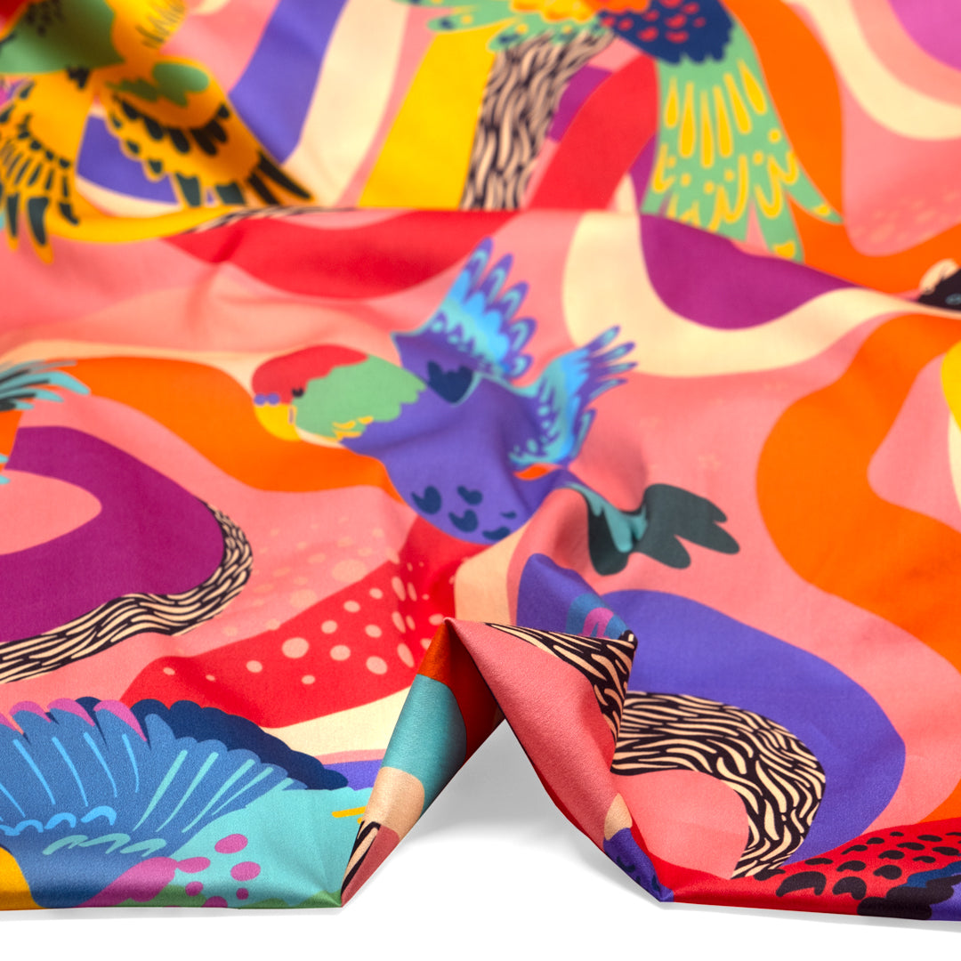 Ellie Whittaker - Parrot Party Organic Cotton Sateen - Bubblegum/Turquoise/Multi | Blackbird Fabrics