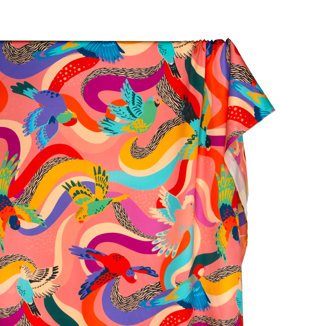 Ellie Whittaker - Parrot Party Organic Cotton Sateen - Bubblegum/Turquoise/Multi | Blackbird Fabrics