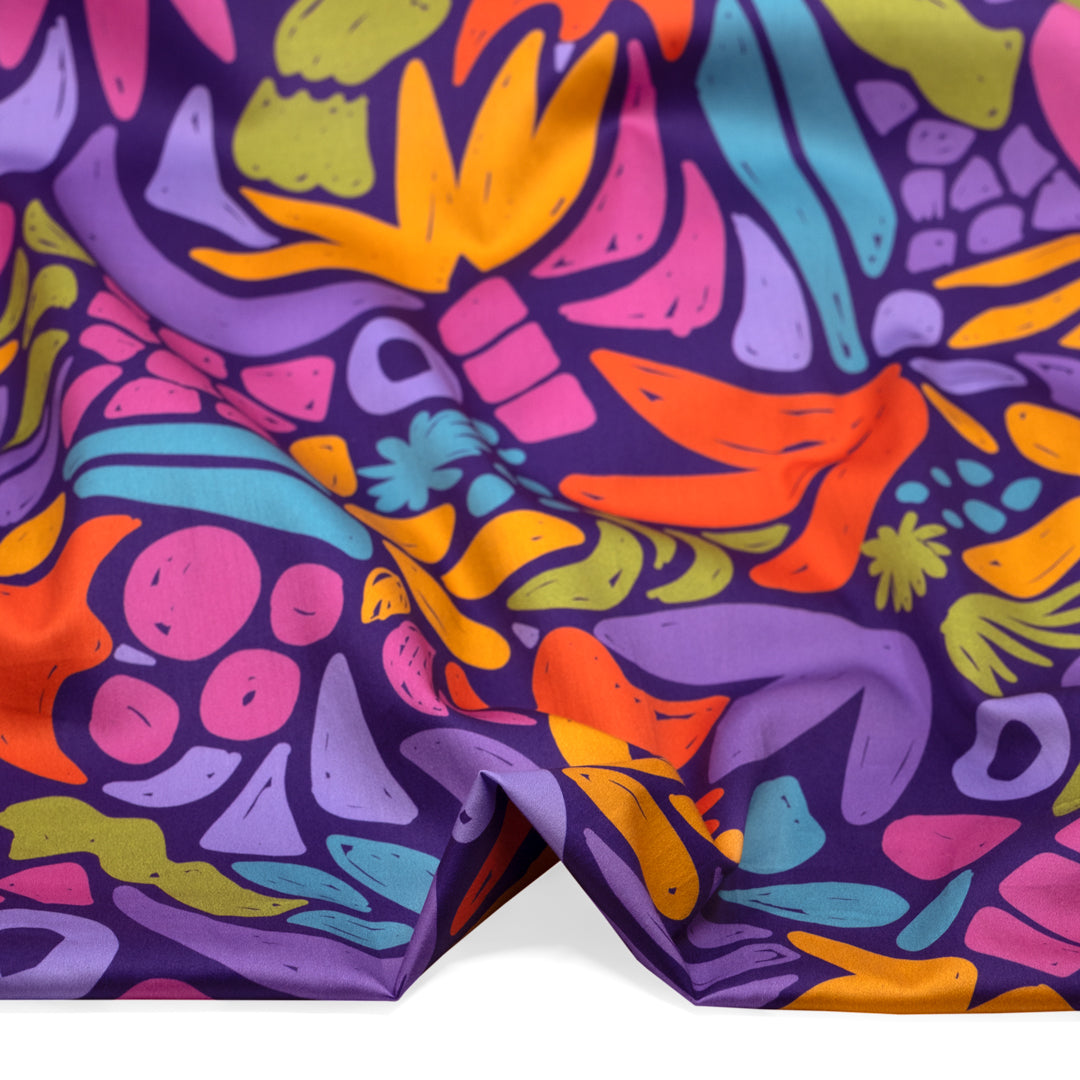 Ellie Whittaker - Forest Flight Organic Cotton Sateen - Deep Purple/Tangerine/Multi | Blackbird Fabrics