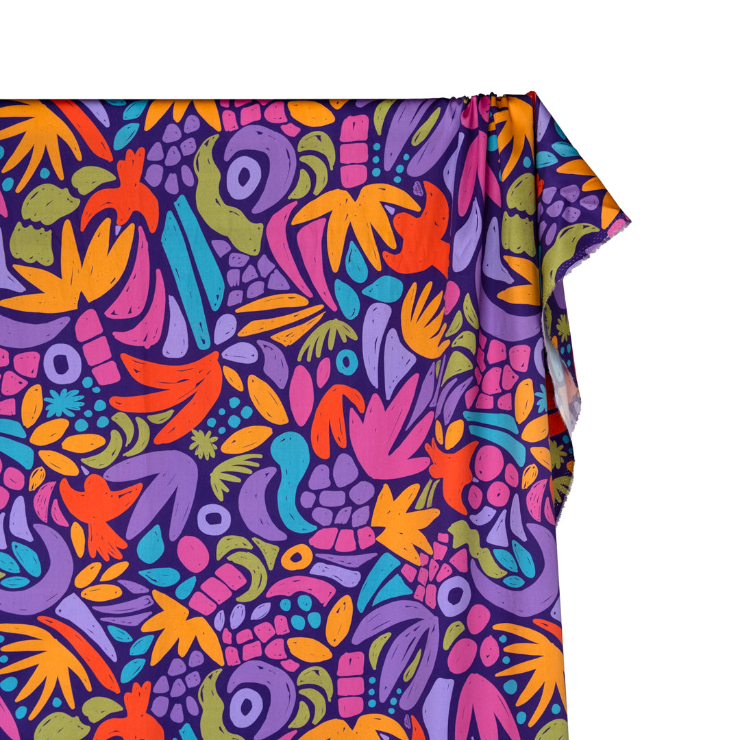 Ellie Whittaker - Forest Flight Organic Cotton Sateen - Deep Purple/Tangerine/Multi | Blackbird Fabrics