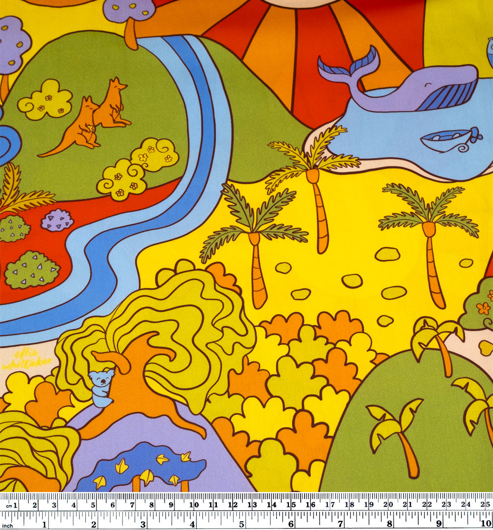 Ellie Whittaker - Sunburst Country Organic Cotton Sateen - Pickle/Firecracker/Sky Blue | Blackbird Fabrics