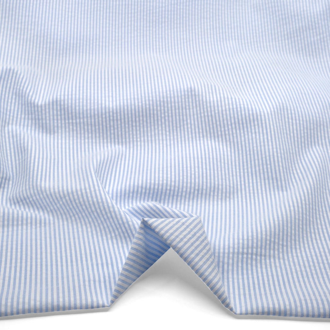 Mini Stripe Cotton Seersucker - Baby Blue/White | Blackbird Fabrics
