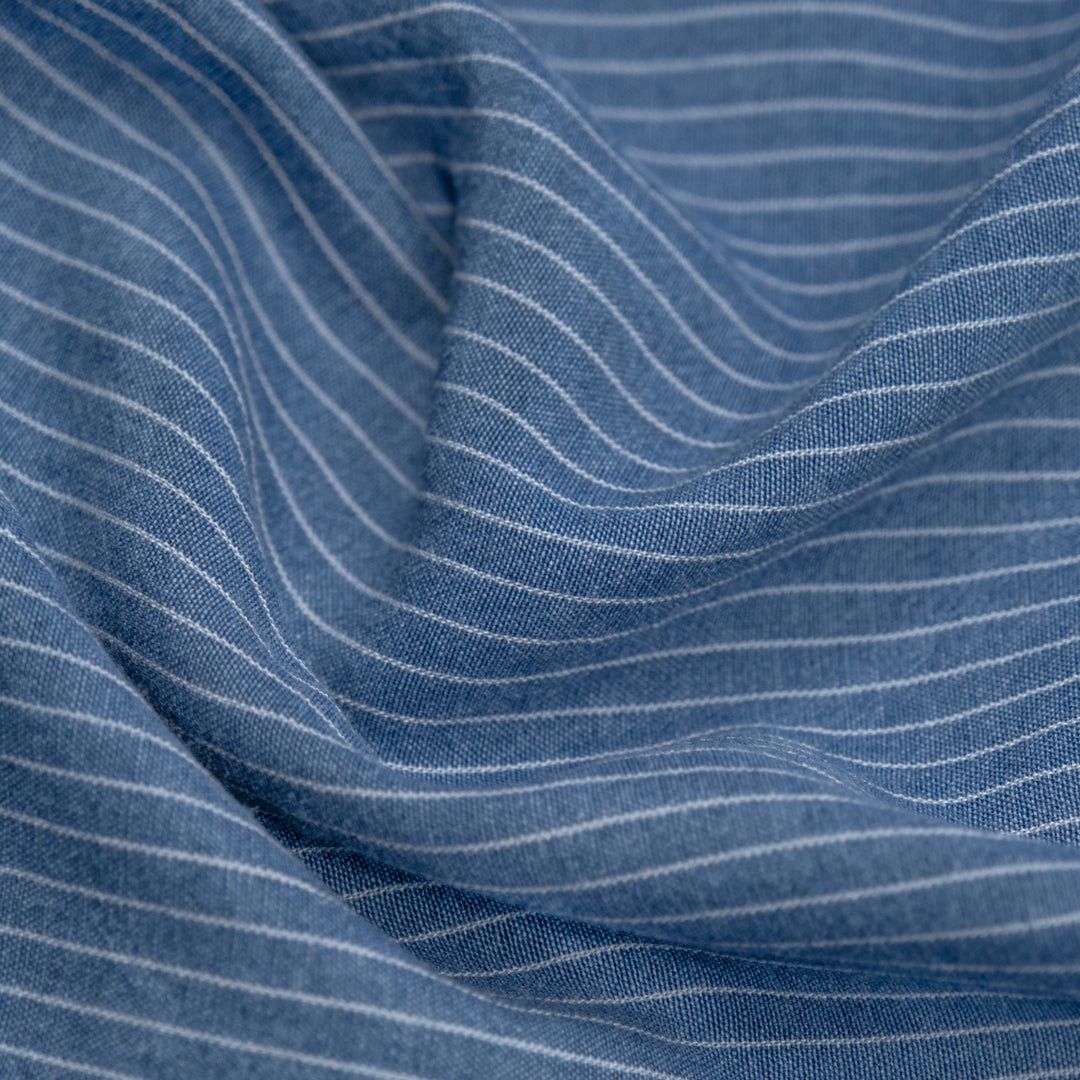 Chalk-Line Lightweight Cotton Lyocell Shirting - Light Indigo/White | Blackbird Fabrics