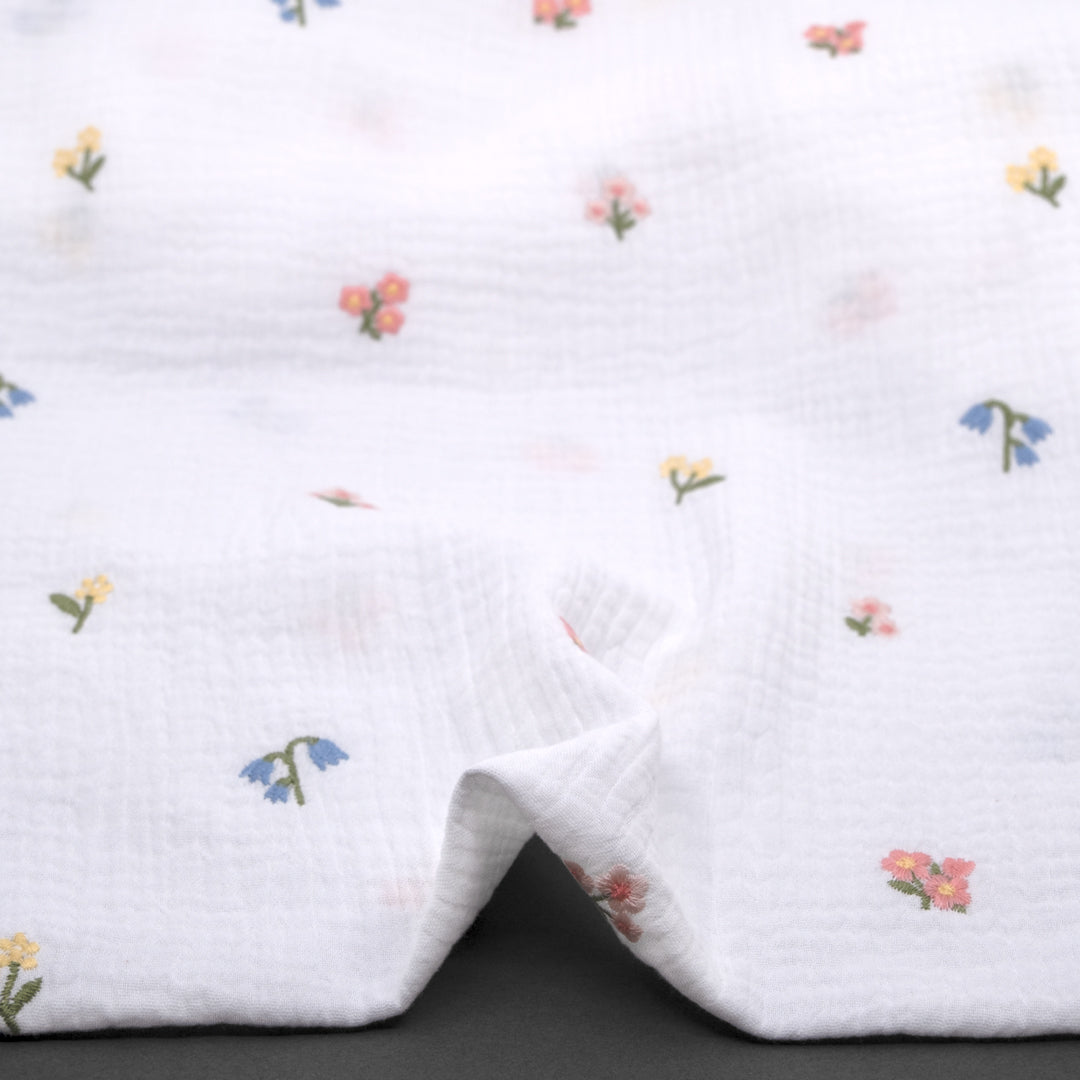 Floret Embroidered Cotton Double Gauze - White/Multi | Blackbird Fabrics