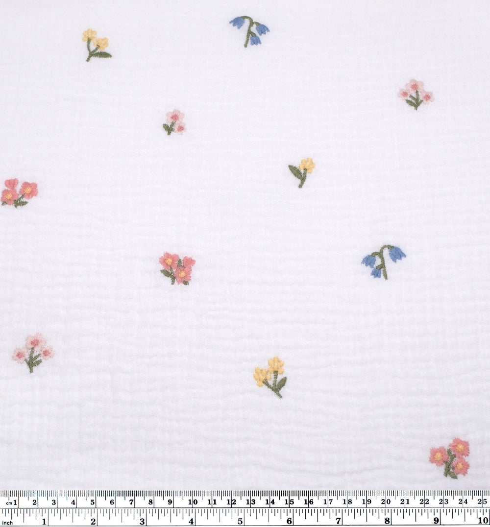 Floret Embroidered Cotton Double Gauze - White/Multi | Blackbird Fabrics