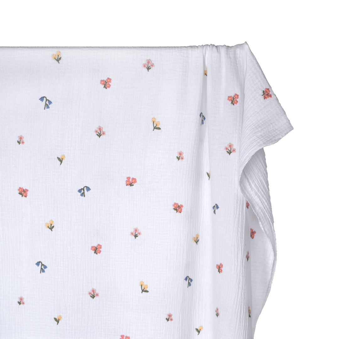 Floret Embroidered Cotton Double Gauze - White/Multi | Blackbird Fabrics