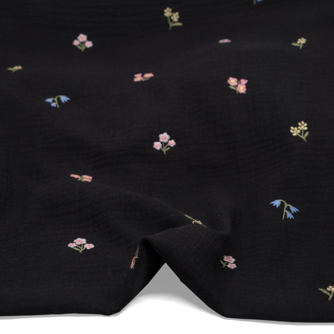 Floret Embroidered Cotton Double Gauze - Black/Multi | Blackbird Fabrics
