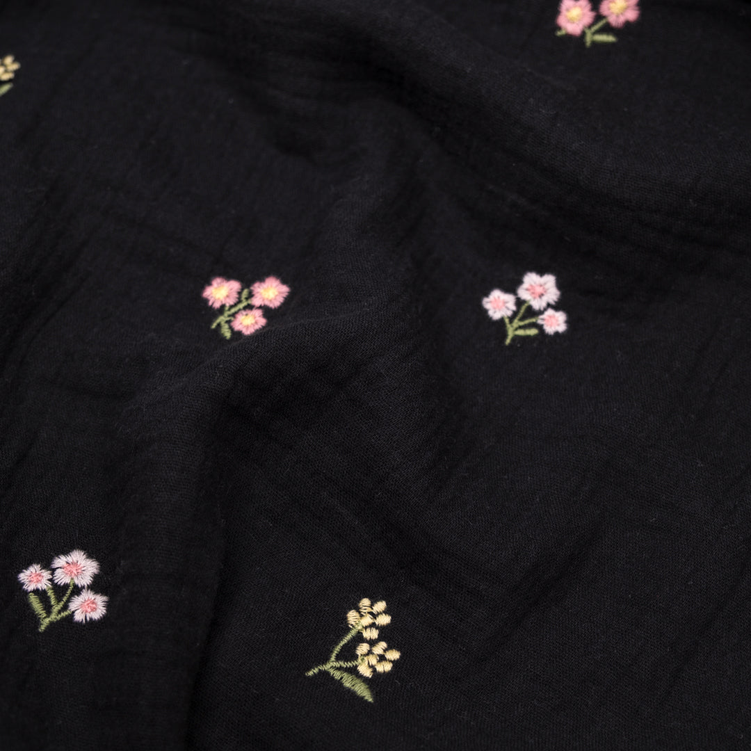 Floret Embroidered Cotton Double Gauze - Black/Multi | Blackbird Fabrics
