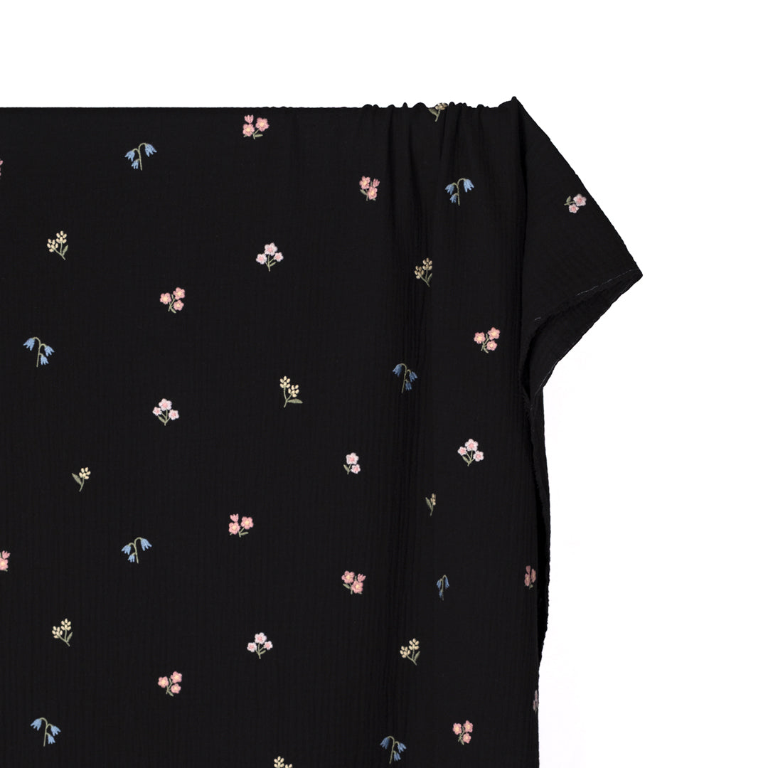 Floret Embroidered Cotton Double Gauze - Black/Multi | Blackbird Fabrics