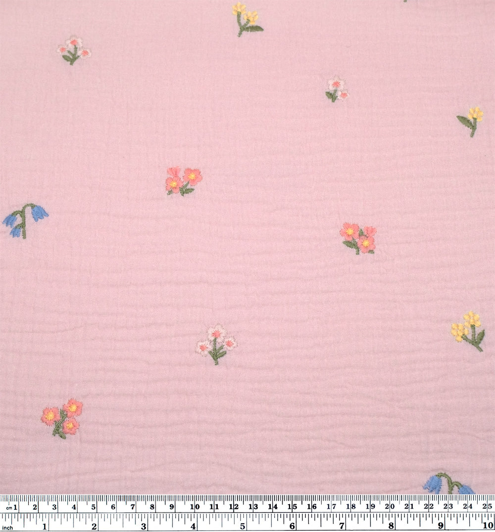 Floret Embroidered Cotton Double Gauze - Pale Blush/Multi | Blackbird Fabrics