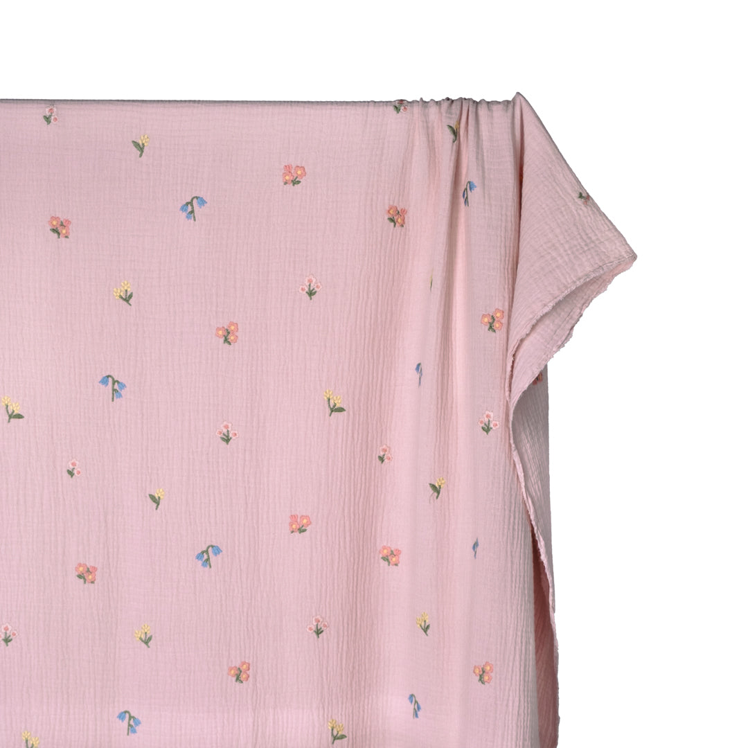 Floret Embroidered Cotton Double Gauze - Pale Blush/Multi | Blackbird Fabrics