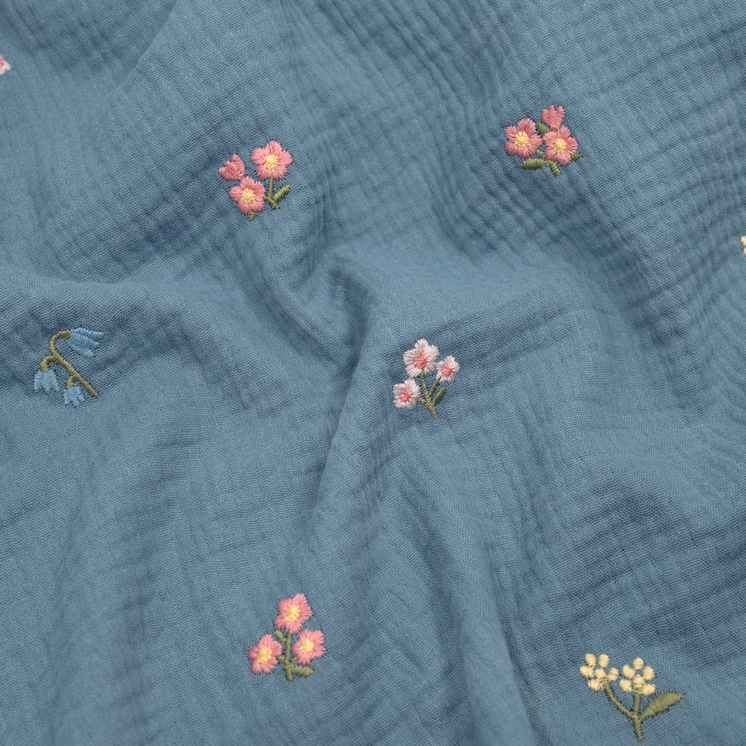 Floret Embroidered Cotton Double Gauze - Canal/Multi | Blackbird Fabrics