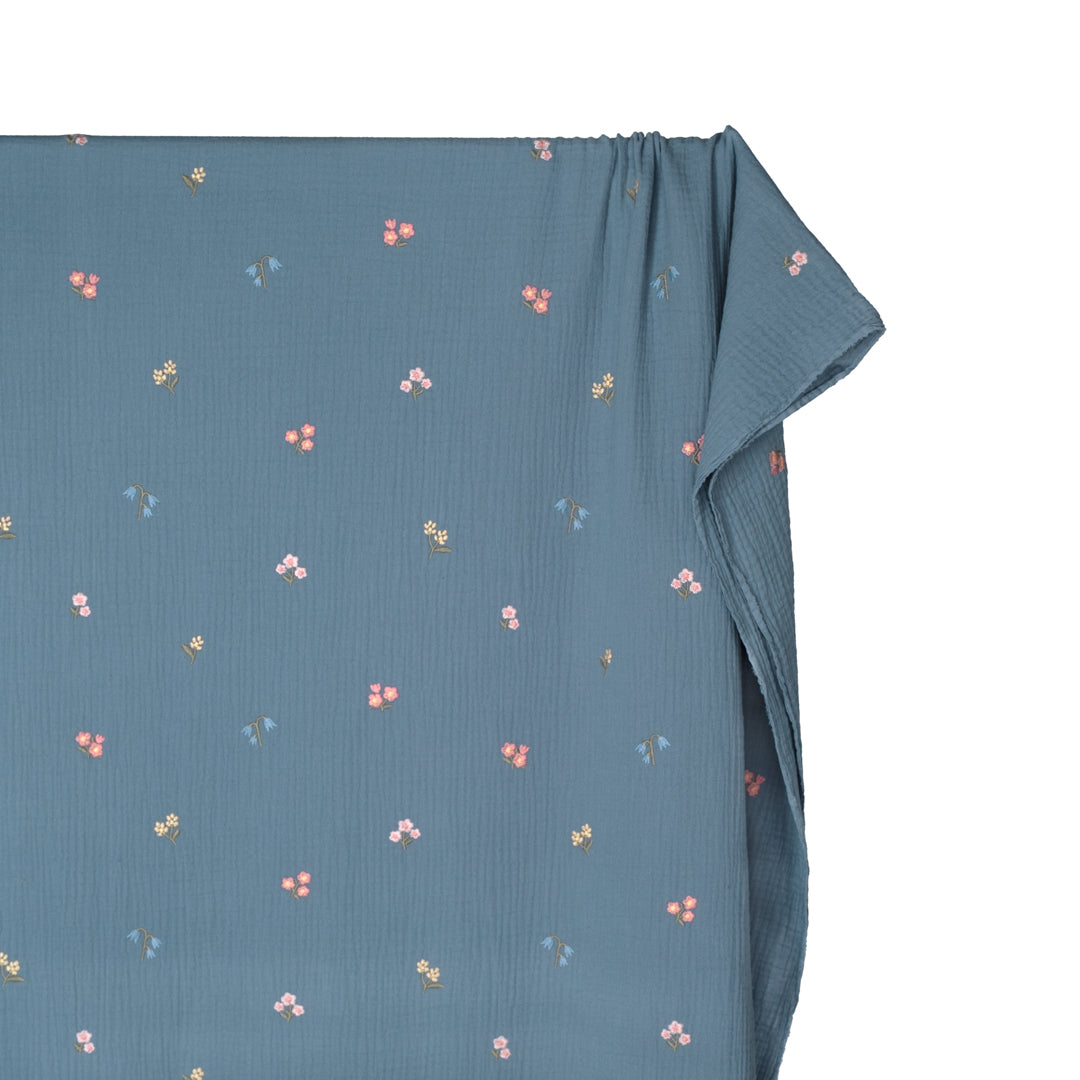 Floret Embroidered Cotton Double Gauze - Canal/Multi | Blackbird Fabrics