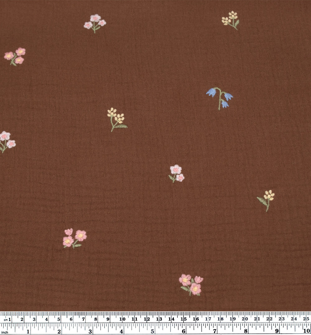 Floret Embroidered Cotton Double Gauze - Baked Clay/Multi | Blackbird Fabrics