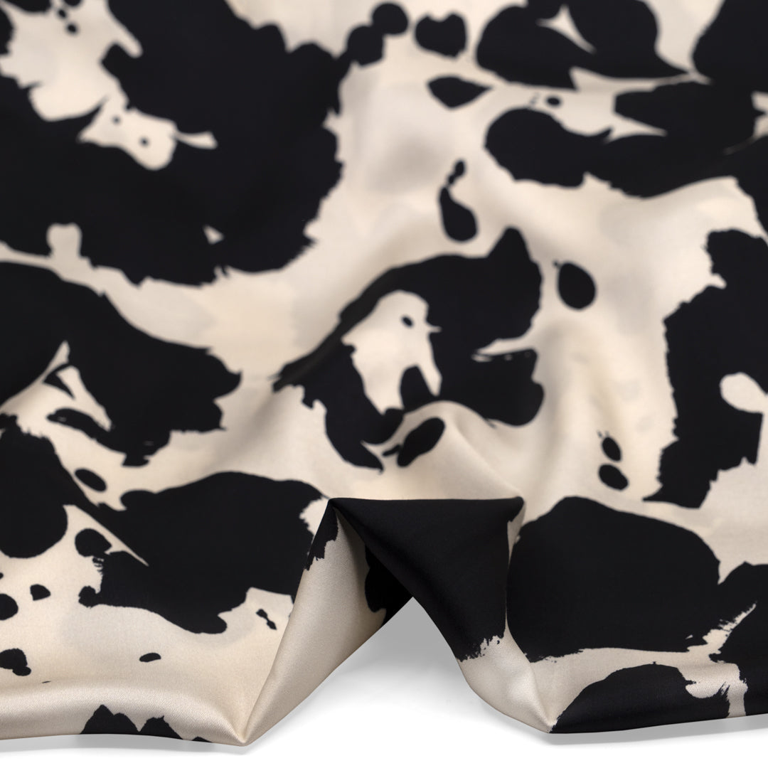 Inky Spots Viscose Satin - Ivory/Black | Blackbird Fabrics